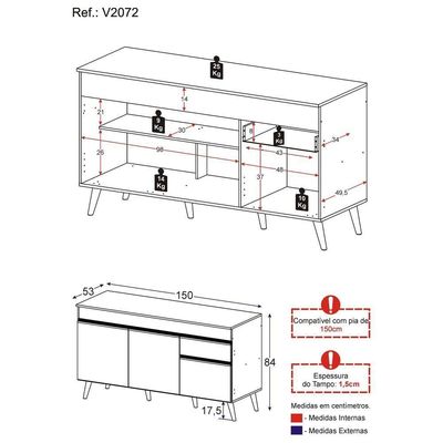 Balcão Cozinha Gabinete Pia 150cm 3 Portas 1 Gaveta Veneza Multimóveis V2072 Preto/branco