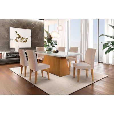 Kit Mesa Tampo Vidro 180cm Canto Reto + 6 Cadeiras Imbuia Linho Bege