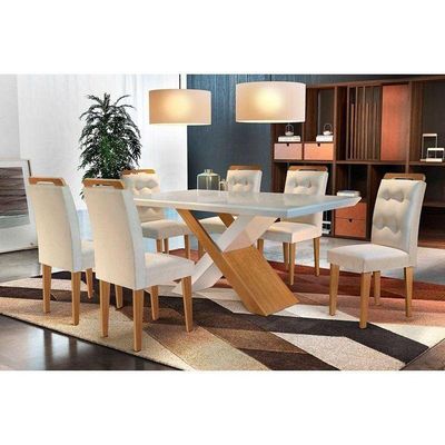 Mesa De Sala Jantar Imperatriz + Tampo Madeirado Vidro Reto 180x90cm Imbuia/off White - Rufato