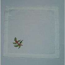 Guardanapo De Linho Natal Branco Bordado Com Azevinho 45x45 Cm