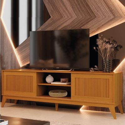 Rack Bancada Para Tv Até 65 Polegadas 1,80m Ripado Impressão 3d 2 Portas Cedro King Edn Cedro
