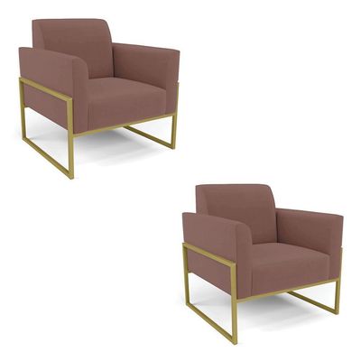 Kit 2 Poltronas Base Industrial Alta Dourado Marisa Veludo Rosê D03 - D\'rossi