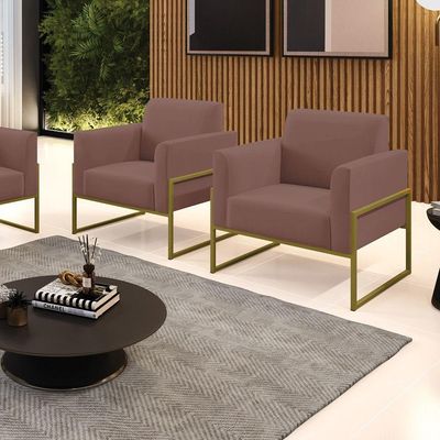Kit 2 Poltronas Base Industrial Alta Dourado Marisa Veludo Rosê D03 - D\'rossi