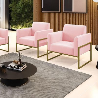 Kit 2 Poltronas Base Industrial Alta Dourado Marisa Suede D03 - D\'rossi Cor Rosa Bebê