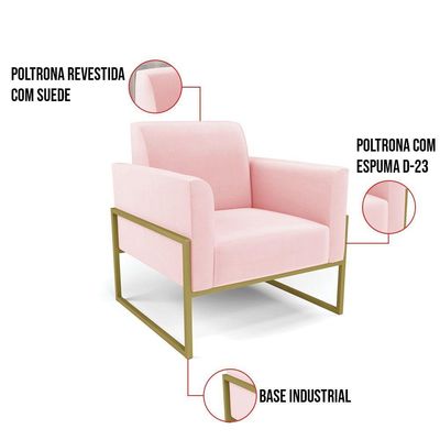 Kit 2 Poltronas Base Industrial Alta Dourado Marisa Suede D03 - D\'rossi Cor Rosa Bebê