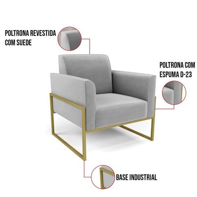 Kit 2 Poltronas Base Industrial Alta Dourado Marisa Suede D03 - D\'rossi Cor Cinza