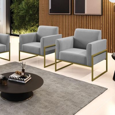 Kit 2 Poltronas Base Industrial Alta Dourado Marisa Suede D03 - D\'rossi Cor Cinza