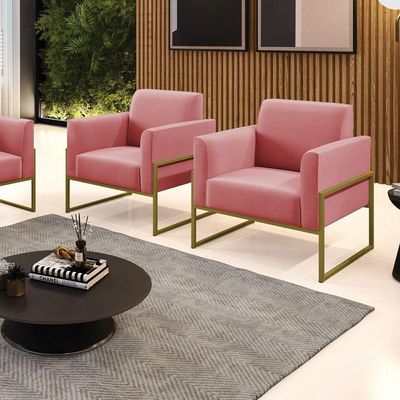 Kit 2 Poltronas Base Industrial Alta Dourado Marisa Suede D03 - D\'rossi Cor Rose