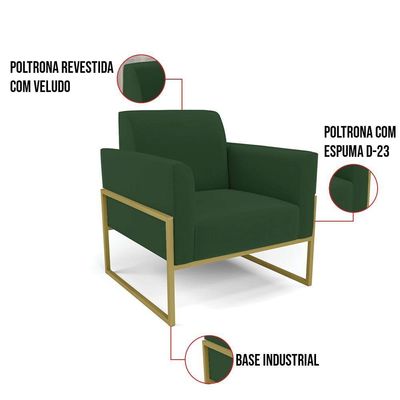 Kit 2 Poltronas Base Industrial Alta Dourado Marisa Veludo D03 - D\'rossi Cor Verde