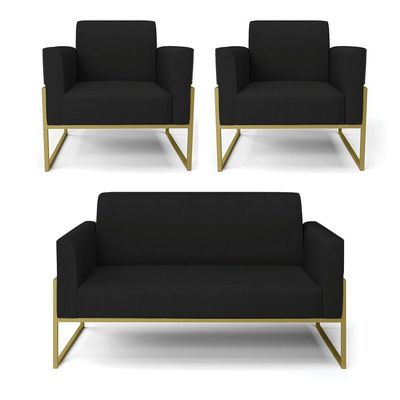 Sofá Namoradeira Com 2 Poltronas Base Industrial Alta Dourado Marisa Linho Preto A79 D03 - D\'rossi