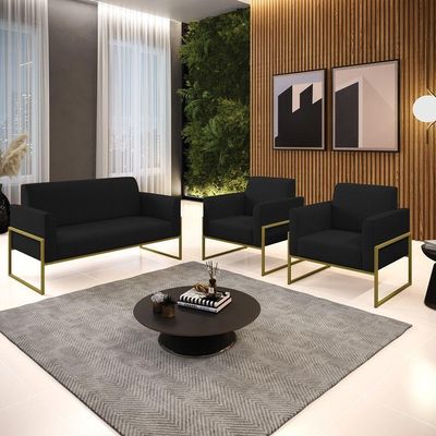 Sofá Namoradeira Com 2 Poltronas Base Industrial Alta Dourado Marisa Linho Preto A79 D03 - D\'rossi