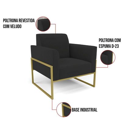 Kit 2 Poltronas Base Industrial Alta Dourado Marisa Veludo Preto D03 - D\'rossi