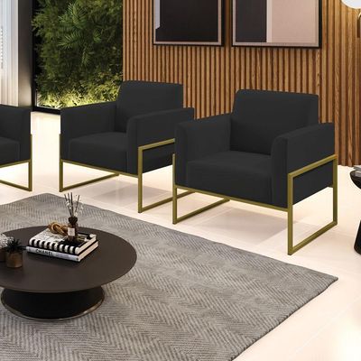 Kit 2 Poltronas Base Industrial Alta Dourado Marisa Veludo Preto D03 - D\'rossi