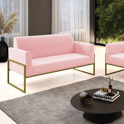 Sofá Namoradeira Base Industrial Alta Dourado Marisa Suede D03 - D\'rossi Cor Rosa Bebê
