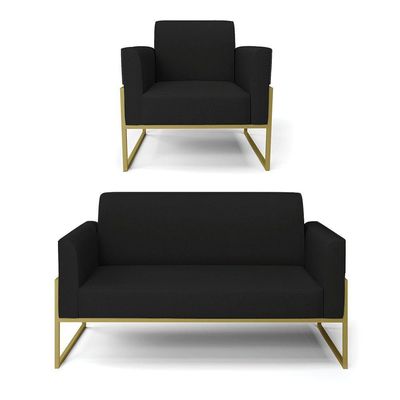 Sofá Namoradeira Com Poltrona Base Industrial Alta Dourado Marisa Linho Preto A79 D03 - D\'rossi