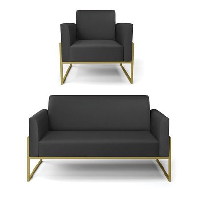 Sofá Namoradeira Com Poltrona Base Industrial Alta Dourado Marisa Corino D03 - D\'rossi Cor Preto