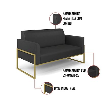 Sofá Namoradeira Com Poltrona Base Industrial Alta Dourado Marisa Corino D03 - D\'rossi Cor Preto