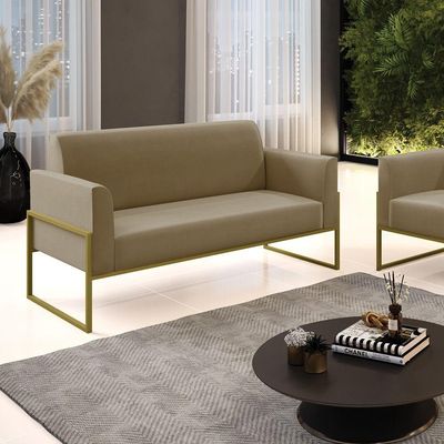 Sofá Namoradeira Base Industrial Alta Dourado Marisa Suede D03 - D\'rossi Cor Marrom Rato