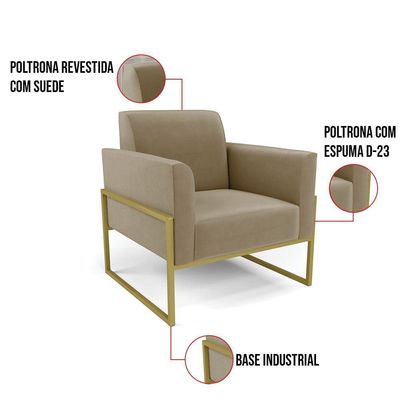 Kit 2 Poltronas Base Industrial Alta Dourado Marisa Suede D03 - D\'rossi Cor Marrom Rato
