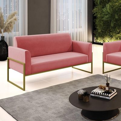 Sofá Namoradeira Base Industrial Alta Dourado Marisa Suede D03 - D\'rossi Cor Rose