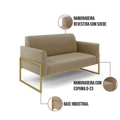 Sofá Namoradeira Base Industrial Alta Dourado Marisa Suede Marrom Rato D03 - D\'rossi