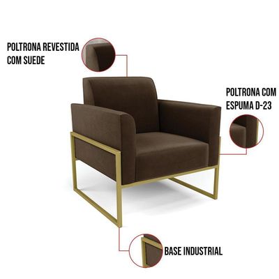 Kit 2 Poltronas Base Industrial Alta Dourado Marisa Suede Marrom D03 - D\'rossi