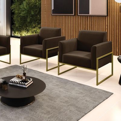 Kit 2 Poltronas Base Industrial Alta Dourado Marisa Suede Marrom D03 - D\'rossi
