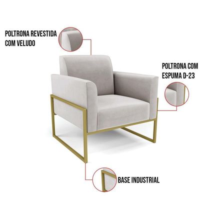 Kit 2 Poltronas Base Industrial Alta Dourado Marisa Veludo Cinza D03 - D\'rossi