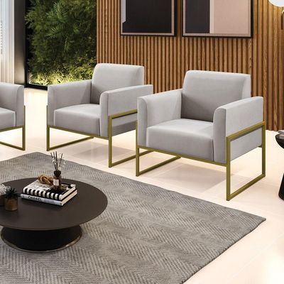 Kit 2 Poltronas Base Industrial Alta Dourado Marisa Veludo Cinza D03 - D\'rossi