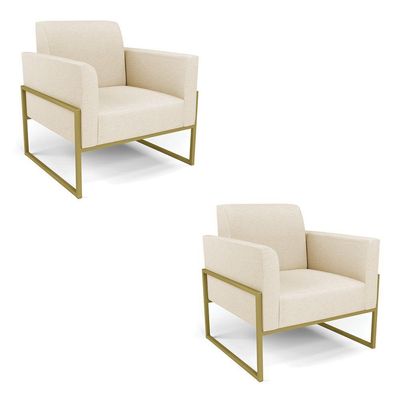Kit 2 Poltronas Base Industrial Alta Dourado Marisa Linho Bege A19 D03 - D\'rossi