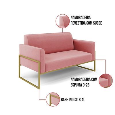 Sofá Namoradeira Com Poltrona Base Industrial Alta Dourado Marisa Suede Rosê D03 - D\'rossi