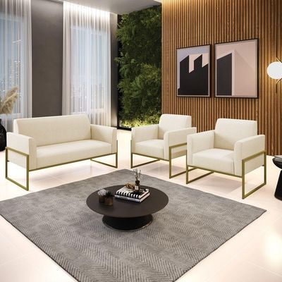 Sofá Namoradeira Com 2 Poltronas Base Industrial Alta Dourado Marisa Linho Bege A19 D03 - D\'rossi