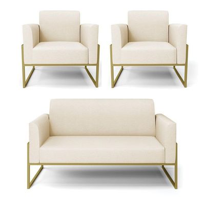 Sofá Namoradeira Com 2 Poltronas Base Industrial Alta Dourado Marisa Linho Bege A19 D03 - D\'rossi