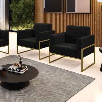 Kit 2 Poltronas Base Industrial Alta Dourado Marisa Suede Preto D03 - D\'rossi