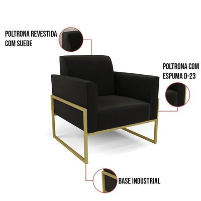 Poltrona Base Industrial Alta Dourado Marisa Suede Preto D03 - D\'rossi