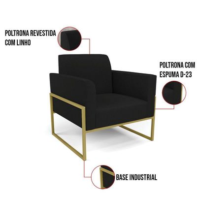 Kit 2 Poltronas Base Industrial Alta Dourado Marisa Linho Preto A79 D03 - D\'rossi