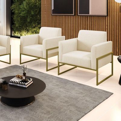 Kit 2 Poltronas Base Industrial Alta Dourado Marisa Linho D03 - D\'rossi Cor A19 Bege