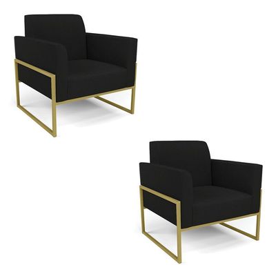 Kit 2 Poltronas Base Industrial Alta Dourado Marisa Linho D03 - D\'rossi Cor A79 Preto