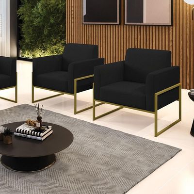 Kit 2 Poltronas Base Industrial Alta Dourado Marisa Linho D03 - D\'rossi Cor A79 Preto