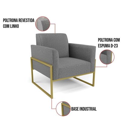 Kit 2 Poltronas Base Industrial Alta Dourado Marisa Linho D03 - D\'rossi Cor A26 Grafite