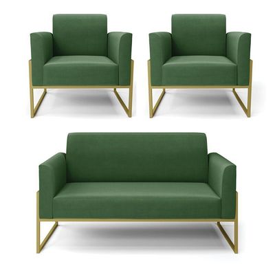 Sofá Namoradeira Com 2 Poltronas Base Industrial Alta Dourado Marisa Suede Verde D03 - D\'rossi