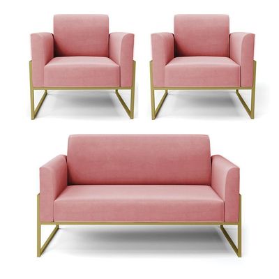 Sofá Namoradeira Com 2 Poltronas Base Industrial Alta Dourado Marisa Suede Rosê D03 - D\'rossi