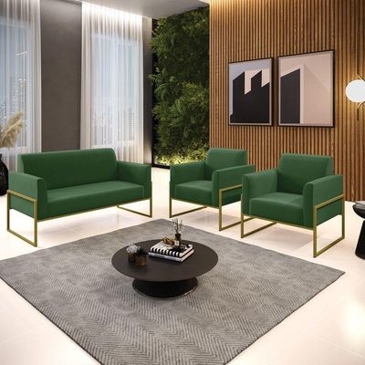 Sofá Namoradeira Com 2 Poltronas Base Industrial Alta Dourado Marisa Suede Verde D03 - D\'rossi