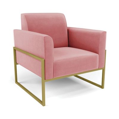 Sofá Namoradeira Com 2 Poltronas Base Industrial Alta Dourado Marisa Suede Rosê D03 - D\'rossi