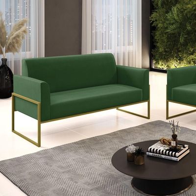 Sofá Namoradeira Base Industrial Alta Dourado Marisa Suede Verde D03 - D\'rossi