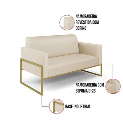 Sofá Namoradeira Com 2 Poltronas Base Industrial Alta Dourado Marisa Corino D03 - D\'rossi Cor Bege