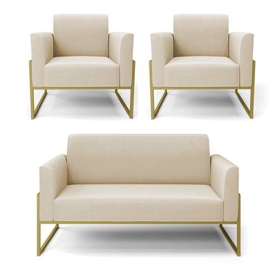 Sofá Namoradeira Com 2 Poltronas Base Industrial Alta Dourado Marisa Suede D03 - D\'rossi Cor Bege