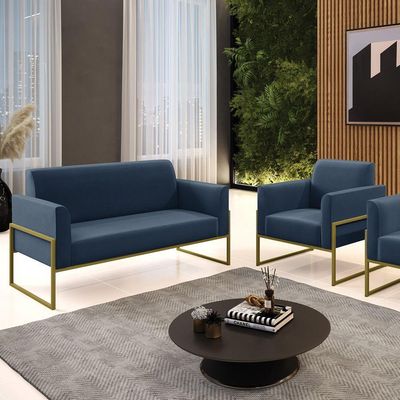 Sofá Namoradeira Com Poltrona Base Industrial Alta Dourado Marisa Suede Azul Marinho D03 - D\'rossi