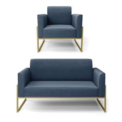 Sofá Namoradeira Com Poltrona Base Industrial Alta Dourado Marisa Suede Azul Marinho D03 - D\'rossi