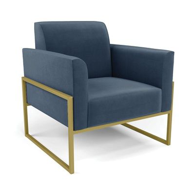 Sofá Namoradeira Com Poltrona Base Industrial Alta Dourado Marisa Suede Azul Marinho D03 - D\'rossi